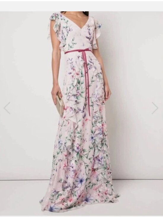 Marchesa Notte Dresses & Skirts - Marchesa Notte Pink V-Neck Floral Tea Gown-Short Sleeve Chiffon Dress NWT sz 20